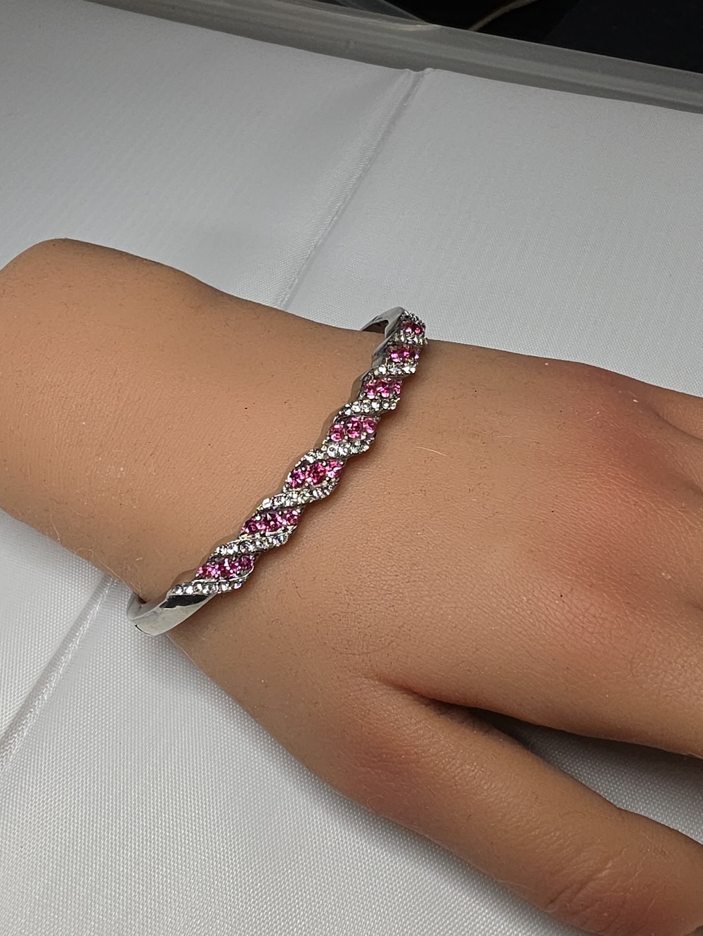 Silver Bracelet with Pink Crystal Twist Accent